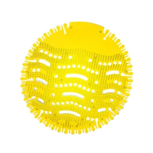A yellow urinal mat